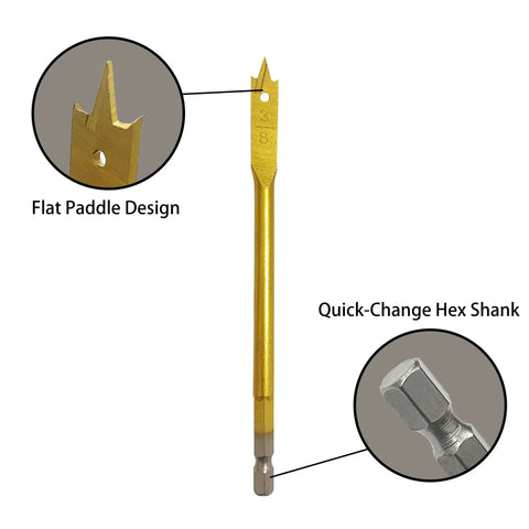 Close-up of 8 Piece Spade Drill Bit Set for Woodworking 3/8 to 1-1/2 Inch Titanium Coated Carbon Steel with 1/4 Inch Hex Shank.