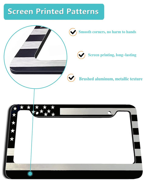 Patriotic Black Front And Rear License Plate Frame With USA Flag, Heavy Duty 4mm Brushed Aluminum Plastic Composite, close-up view.