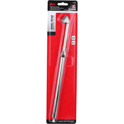 Packaging of Dual Head Tire Pressure Gauge with Plated Brass Tube, 12.75 Inch Reach, Easy Read 1-160 PSI, Dual Chuck, Fast Readouts