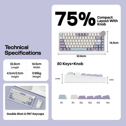 Technical specifications of the Pro Rig Ready Tri Mode Mechanical Gaming Keyboard With A Massive 40Mm Precision Aluminum Volume Knob.