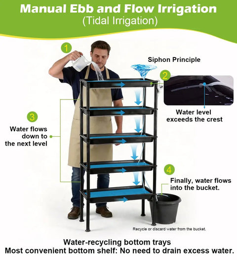 Man demonstrating Five Tier Hydroponics Grow System With Plant Stand Ebb And Flow Seedbeds Siphoning Watering For Indoor And Greenhouse