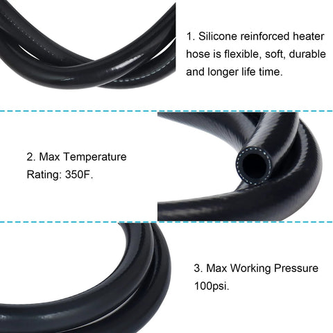 KDP silicone heater hose collage: black reinforced 1/4 in ID, 5 ft, coolant/air line; max 350°F, 100 psi.