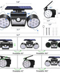 Solar Motion Sensor Lights Outdoor Dual Head Security Lights LED Waterproof 360 Degree Adjustable Wall Lights For Garden Patio Garage Motion Activated 1 Pack with adjustable angles and dimensions shown.