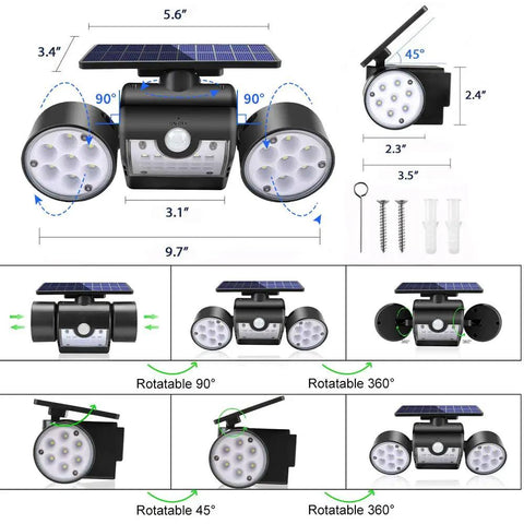 Outdoor Solar Security Lights 30 LED Dual Head Motion Sensor Floodlights IP65 Waterproof 360 Degree Adjustable