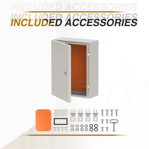 IP66 Waterproof Electrical Enclosure Box 16x16x8 Inches with included accessories, open door view showing interior and mounting plate.