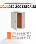 IP66 Waterproof Steel Electrical Enclosure Box, 20 X 12 X 10 Inches, wall mounted, open door, showing orange liner and accessories