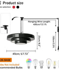 Black Swag Pendant Light Plug in, Mid Century Modern Pendant Lamp with Layered Metal Shade, showing dimensions and wire length.