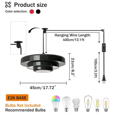 Black Swag Pendant Light Plug in, Mid Century Modern Pendant Lamp with Layered Metal Shade, showing dimensions and wire length.