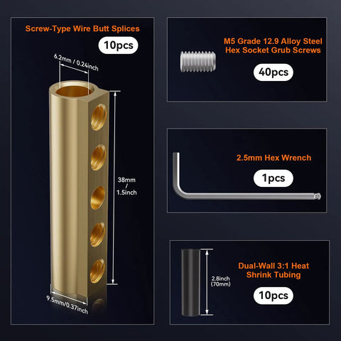 Diagram of Ten Pcs 10 To 6 AWG Wire Connector Nut Kit With 80A Rating, showing brass connectors, screws, hex wrench, and shrink tubing.
