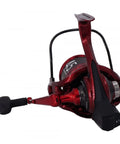 Red Basia Surf 45 SCW QD Surfcasting Reel, side view, ergonomic handle, for long casts in big waves, corrosion-proof body.