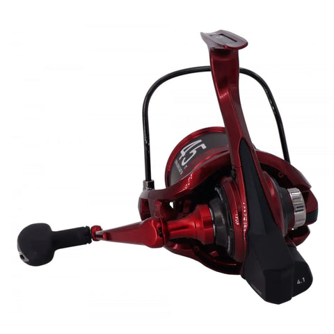 Red Basia Surf 45 SCW QD Surfcasting Reel, side view, ergonomic handle, for long casts in big waves, corrosion-proof body.