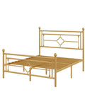 Queen Size Metal Platform Bed Frame Featuring Victorian Headboard With Gold Metallic Finish Heavy Duty Steel Slats Zero Box Spring Necessary Built Straight Up Solid For Premium Bedroom Vibes with slatted base.