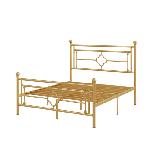 Queen Size Metal Platform Bed Frame Featuring Victorian Headboard With Gold Metallic Finish Heavy Duty Steel Slats Zero Box Spring Necessary Built Straight Up Solid For Premium Bedroom Vibes with slatted base.