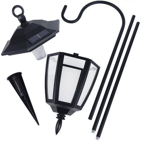 Components of Solar Hanging Lights For Outdoors, 2 Pack With 38 Inch Shepherd Hooks, Waterproof Garden Lanterns, disassembled view