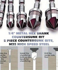 Pro Grade Countersink Drill Bit Set M35 5 Flute HSS 82 Degree Hex Shank 1/4 To 3/4 Inch For Wood And Metal 5 Pack display