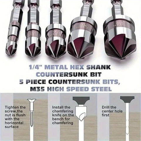 Pro Grade Countersink Drill Bit Set M35 5 Flute HSS 82 Degree Hex Shank 1/4 To 3/4 Inch For Wood And Metal 5 Pack display