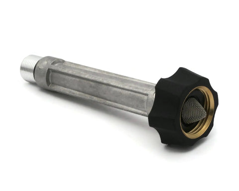 Easy Install Water Inlet Tube With EZ Grip Garden Hose Connection Aluminum Replacement Part For Annovi Reverberi 7104232 2840250 Pressure Washer Pump Durable High Flow No Fuss Fit visible in aluminum with black grip and mesh filter.