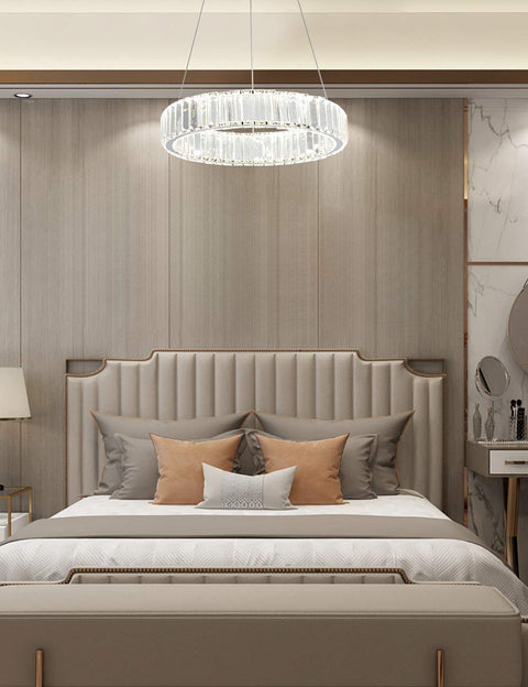 Elegant Modern Crystal Pendant Light for Dining and Living Rooms, 15.7 Inch Round Glass LED Fixture in bedroom setting