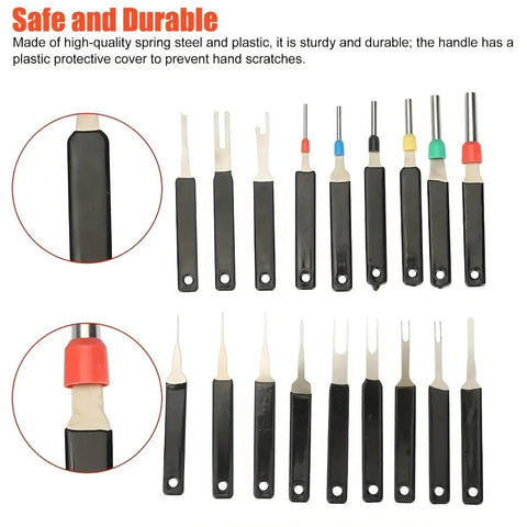 18 Piece Pro Terminal Removal Tool Kit With Ejector And Key Extractor, tools with black handles and protective tips