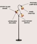 Bronze 70.5-Inch Tiffany-Style 3-Light LED Floor Lamp With Stained Glass Shade Handcrafted Iron Tree Design Multi-Color Glass Energy Saving LEDs Included UL Listed For Living Room Vibe showcasing LED bulbs, Tiffany glass shades, and rotary switch.