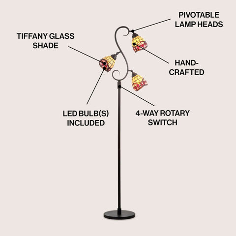 Bronze 70.5-Inch Tiffany-Style 3-Light LED Floor Lamp With Stained Glass Shade Handcrafted Iron Tree Design Multi-Color Glass Energy Saving LEDs Included UL Listed For Living Room Vibe showcasing LED bulbs, Tiffany glass shades, and rotary switch.