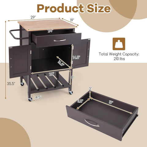 Slick Rolling Kitchen Island Cart With Dope Rubberwood Top And Quick Release Drawer Perfect Go To Coffee Bar Station With Deep Open Shelf And Convenient Towel Rack In Warm Honey Brown
