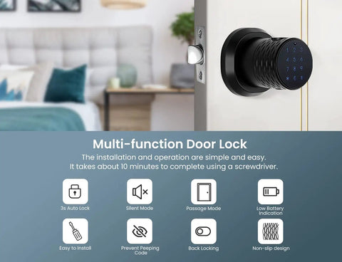 Close-up of Biometric Fingerprint Door Knob with Keypad Lock and Large Sensor No Keys Needed Keyless Entry Handle on interior door