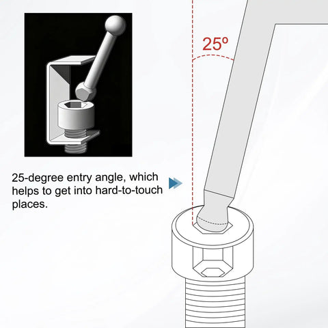 Diagram showing the 25-degree entry angle of Two Piece T Handle Ball End Hex Key Wrench Set 4mm Metric S2 Steel for tight spaces.