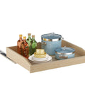 Smooth Glide Pull Out Cabinet Organizer Heavy Duty Wood Drawer Slide For Kitchen Base Cabinets And Pantry Storage With Soft Close bottom mount setup with pots, plates, and bottles.