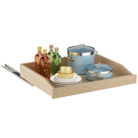 Smooth Glide Pull Out Cabinet Organizer Heavy Duty Wood Drawer Slide For Kitchen Base Cabinets And Pantry Storage With Soft Close bottom mount setup with pots, plates, and bottles.