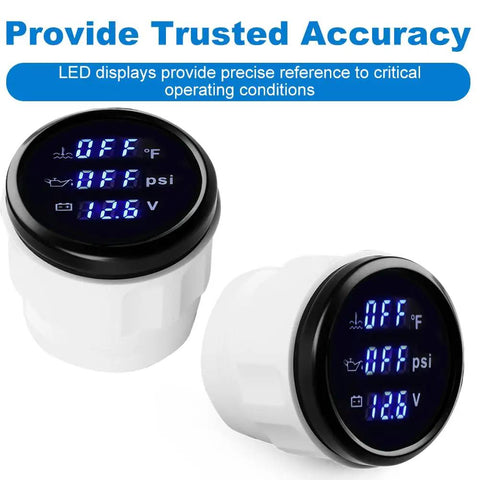 Rugged 2 Inch 52mm 3 in 1 Triple Gauge Set with digital display for cars, trucks, boats; shows water temp, oil pressure, voltmeter readings.