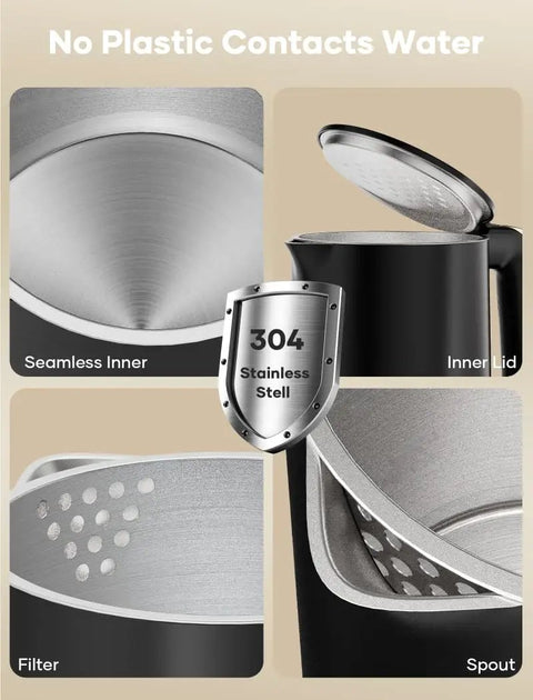 Close-up view of Double Wall 1.7L Electric Kettle With Cool Touch Exterior No Burn Hands Safety Rapid 1500W Boil Stainless Steel Water Boiler features.