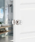 Crystal Glass Interior Door Knobs With Privacy Lock For Bathroom And Bedroom, Satin Nickel Finish, Easy Install, Open Door View