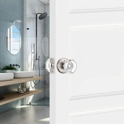 Crystal Glass Interior Door Knobs With Privacy Lock For Bathroom And Bedroom, Satin Nickel Finish, Easy Install, Open Door View