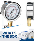 Front and side view of SENCTRL 0-15 psi low pressure gauge, 2" dial, 1/4 NPT lower mount, stainless steel case.