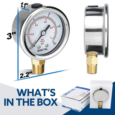 Front and side view of SENCTRL 0-15 psi low pressure gauge, 2" dial, 1/4 NPT lower mount, stainless steel case.
