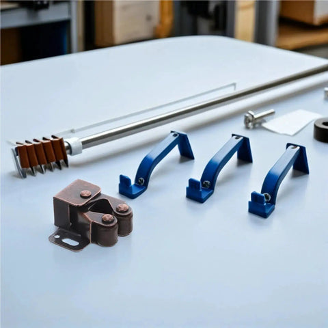 Double Roller Cabinet Door Catch Set Of 12 With Soft Cushion Spring Loaded Ball Latches displayed on a table with hardware.