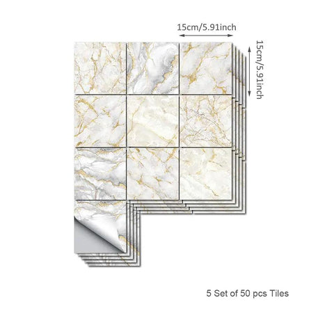 Peel And Stick Brown Marble Backsplash Tiles 50 Piece Set 5.9 Inch Square Self Adhesive PVC Wall Tile Decals Displayed in Stack