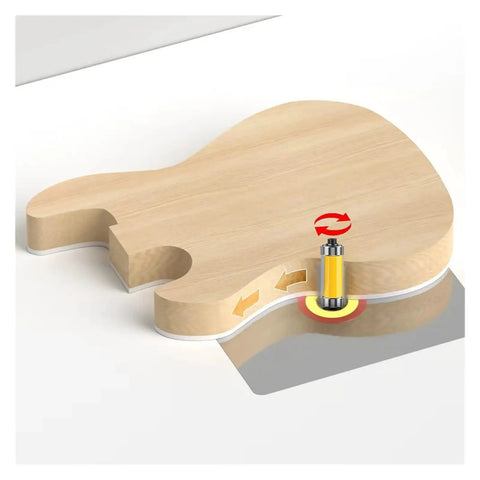 Premium 1/2 Inch Double Bearing Flush Trim Router Bit With 6mm Or 1/4 Inch Shank for precise wood shaping on a guitar-shaped wood piece.