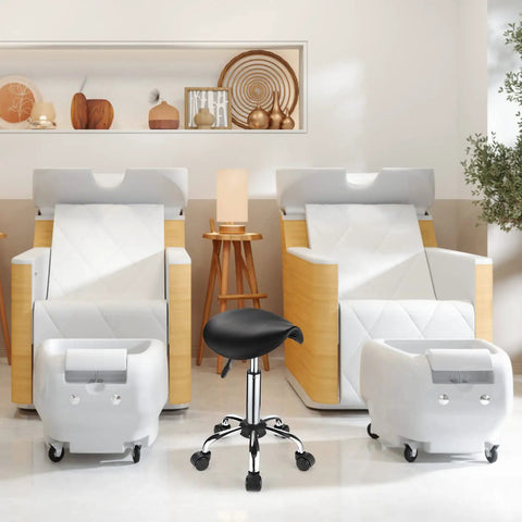 Saddle Rolling Stool With Wheels PU Leather Height Adjustable Swivel Chair Black For Salon Spa Bar Office Home 360 Degree Rotation