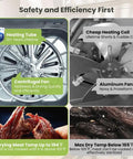 Real Deal Professional Grade Food Dehydrator Featuring Eight Heavy Duty Stainless Steel Trays And No Sweat Digital Controls For Smooth Jerky Fruit Meat Drying Daily with heating tube and centrifugal fan.