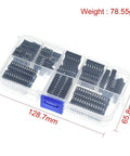 Heavy Duty 66 Piece DIP IC Socket Adaptor Kit With Solder Type Connectors For 6 8 14 16 18 20 24 And 28 Pins Perfect For Your Electronics Repair And DIY Projects Today. clear organizer case with assorted black DIP IC sockets, 128.7mm