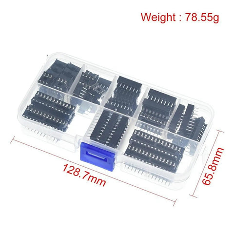 Heavy Duty 66 Piece DIP IC Socket Adaptor Kit With Solder Type Connectors For 6 8 14 16 18 20 24 And 28 Pins Perfect For Your Electronics Repair And DIY Projects Today. clear organizer case with assorted black DIP IC sockets, 128.7mm