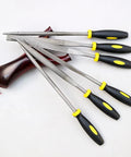 Six 140mm metal rasp needle files with black handles and yellow accents.