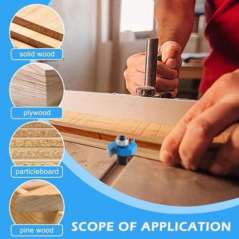 Pro Grade Carbide Rabbet Router Bit Set with T-Slot Bits and Bearings in use on solid wood, plywood, particleboard, and pine wood.