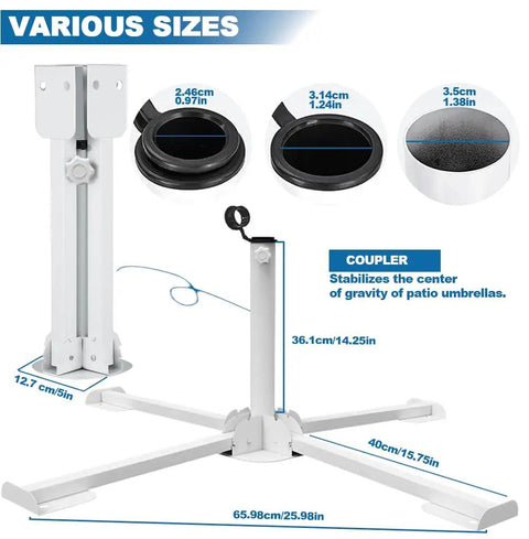 Super Tough Foldable Portable Beach Umbrella Stand Built For Sand And Grass with adjustable base showing various fits.