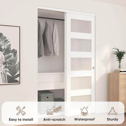 White Sliding Closet Door 48 By 80 Inches with Frosted Glass Double 25 Inch Panels 5 Lite Bypass Door installed with open panel