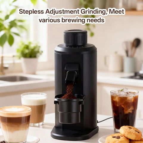 Badass Single Dose Electric Coffee Grinder Featuring Rock Solid 80 Millimeter Flat Burrs And Tweakable Stepless Adjustment For Hella Smooth Flavor Extraction And Minimal Static Residue Always Ready To Serve Black on kitchen counter with brewed coffee