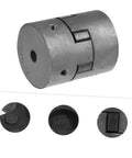 Heavy Duty Three Piece Jaw Coupler Kit Featuring Flexible Spider Insert connects motors, shown from multiple angles, durable black material.