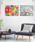 Living room with floral paintings on Two Pack 16 By 20 DIY Wood Canvas Stretcher Bars Set For Stretched Canvas Frames.